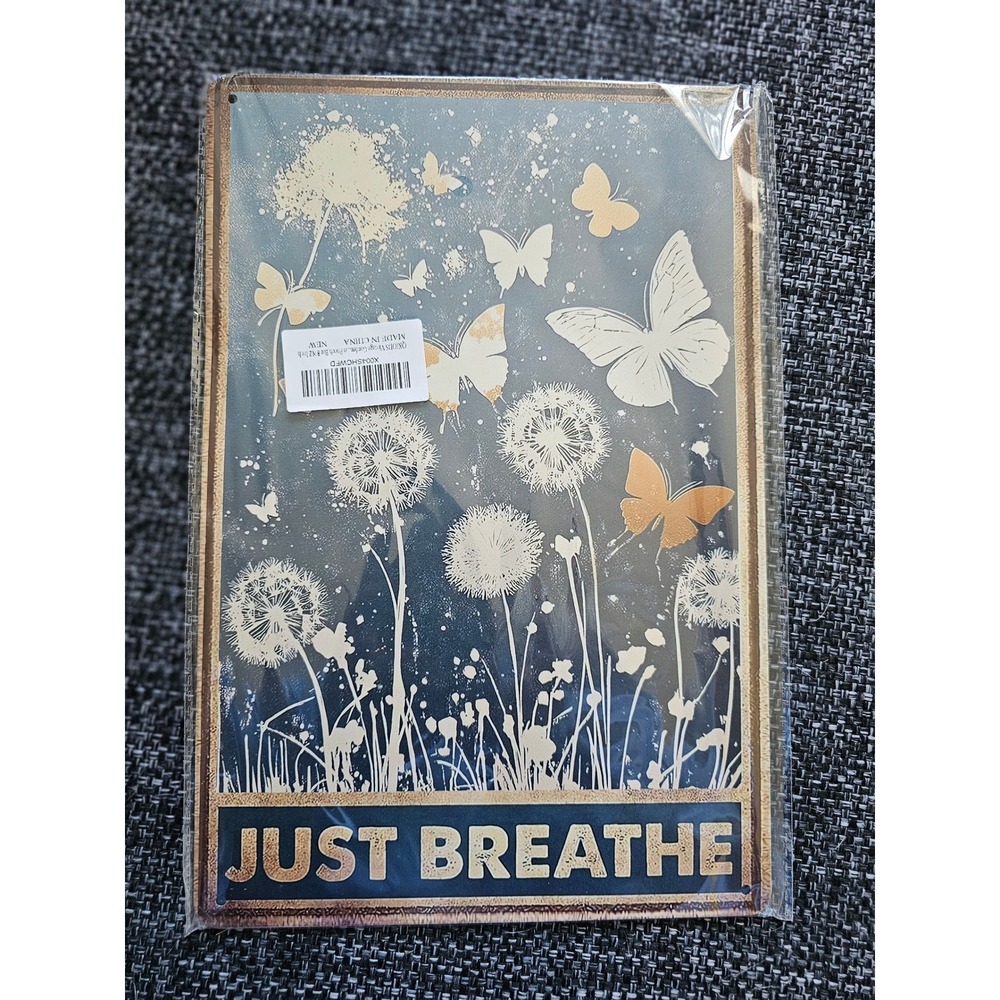 QKIODS Just Breathe Metal Tin Sign Home Decor‎ 8x12 Blue New Butterfly Dandelion